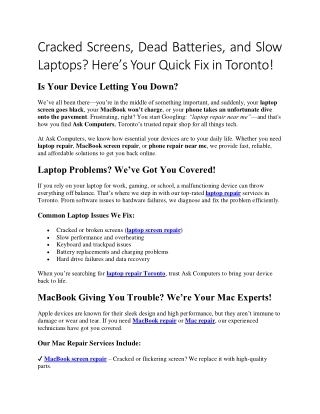 Cracked Screens, Dead Batteries, and Slow Laptops? Quick Fix in Toronto