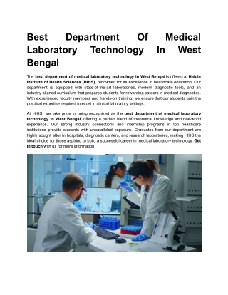 Best Department Of Medical Laboratory Technology In West Bengal