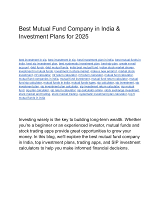 Best Mutual Fund Company in India & Investment Plans for 2025