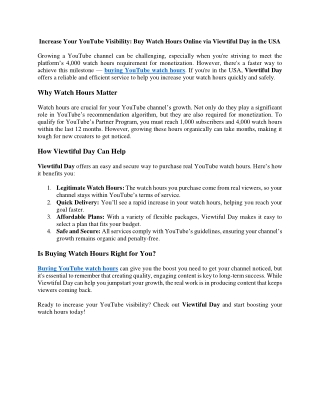 Increase Your YouTube Visibility Buy Watch Hours Online via Viewtiful Day in the USA