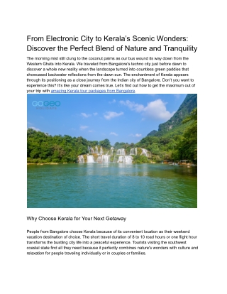 From Electronic City to Kerala’s Scenic Wonders Discover the Perfect Blend of Nature and Tranquility