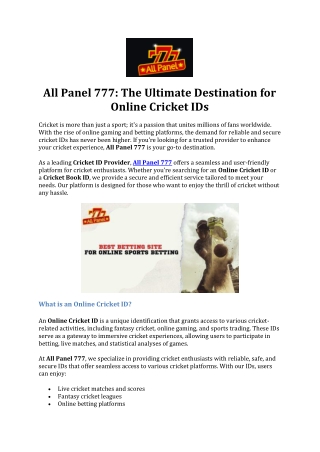 All Panel 777-The Ultimate Destination for Online Cricket IDs