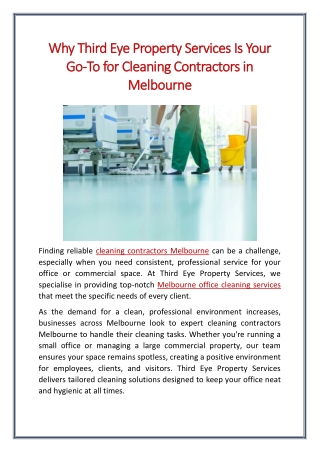 Why Third Eye Property Services Is Your Go-To for Cleaning Contractors in Melbourne