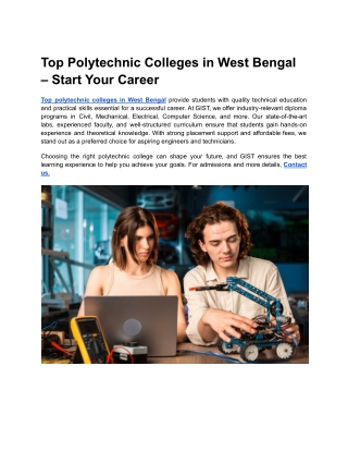 Top Polytechnic Colleges in West Bengal – Start Your Career