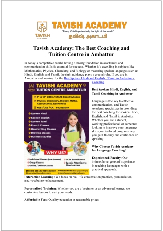 Best Spoken Hindi and English , Tamil in Ambattur - Coaching