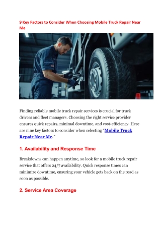 9 Key Factors to Consider When Choosing Mobile Truck Repair Near Me