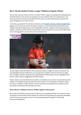 Harry Brook's Indian Premier League Withdrawal Sparks Debate