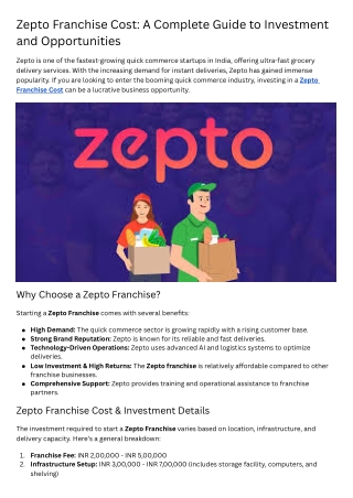 Zepto Franchise Cost