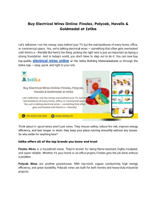 Buy Electrical Wires Online Finolex, Polycab, Havells & Goldmedal at Istika