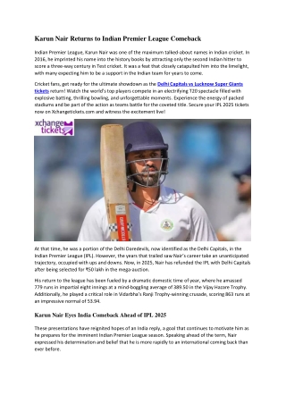 Karun Nair Returns to Indian Premier League India Comeback