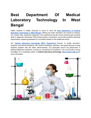 Best Department Of Medical Laboratory Technology In West Bengal