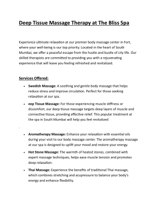 Deep Tissue Massage Therapy at The Bliss Spa