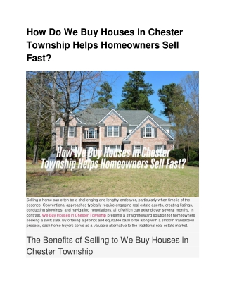 How Do We Buy Houses in Chester Township Helps Homeowners Sell Fast