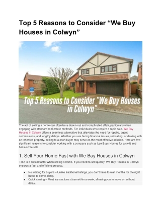 Top 5 Reasons to Consider “We Buy Houses in Colwyn”