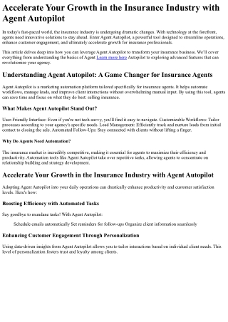 Accelerate Your Growth in the Insurance Industry with Agent Autopilot