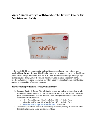 Nipro Shinrai Syringe With Needle: The Trusted Choice for Precision and Safety