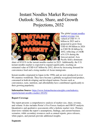 Instant Noodles Market Revenue Growth Analysis: Size, Share, and Future Projecti