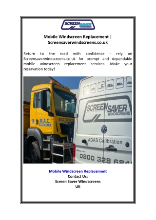 Mobile Windscreen Replacement  Screensaverwindscreens.co.uk