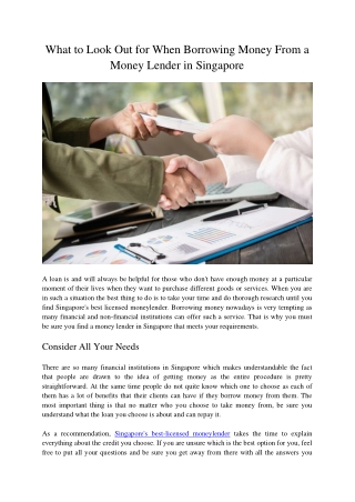 What to Look Out for When Borrowing Money From a Money Lender in Singapore