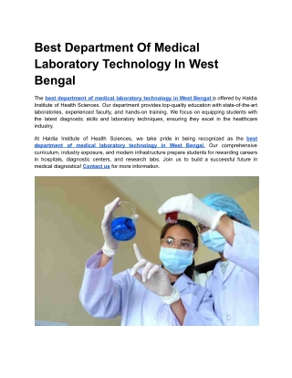 Best Department Of Medical Laboratory Technology In West Bengal