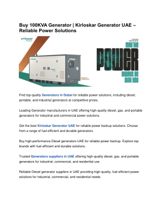 Buy 100KVA Generator | Kirloskar Generator UAE – Reliable Power Solutions