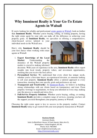 Why Imminent Realty is Your Go-To Estate Agents in Walsall