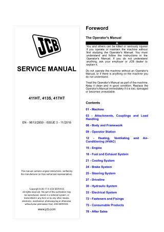 JCB 411HT, 413S, 417HT Wheel Loader Service Repair Manual Instant Download