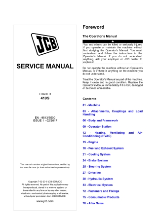 JCB 419S Wheel Loader Service Repair Manual Instant Download (SN 2439651 and up)