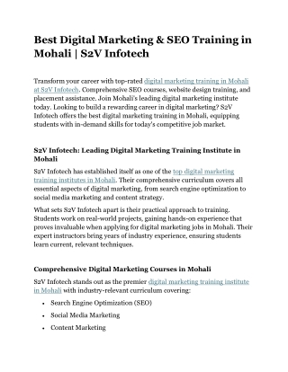 Best Digital Marketing & SEO Training in Mohali | S2V Infotech