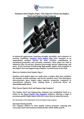 Stainless Steel Duplex Pipes The Superior Choice by Duplex Steel and Engineering Company