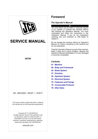 JCB HS750 Transmission Service Repair Manual Instant Download