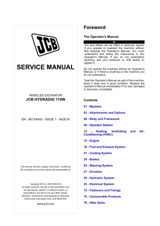 JCB Hydradig 110W Wheeled Excavator Service Repair Manual Instant Download (From 2474601 To 2475100; From 2411001 To 241