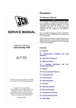 JCB Hydradig 110W Wheeled Excavator Service Repair Manual Instant Download (Serial No. From 2496001 To 2496750)