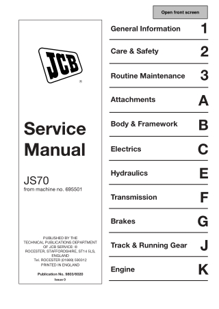 JCB JS70 Tracked Excavator Service Repair Manual Instant Download