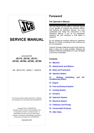 JCB JS115, JS130, JS131, JS145, JS160, JS180, JS190 Tier 4i and T4F EXCAVATOR Service Repair Manual Instant Download