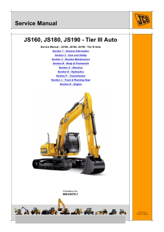 JCB JS160 JS180 JS190 AUTO TIER3 TRACKED EXCAVATOR Service Repair Manual Instant Download