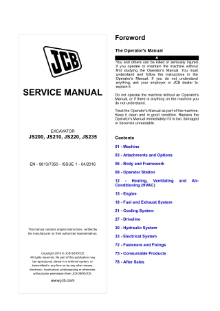 JCB JS200, JS210, JS220, JS235 T4F Excavator Service Repair Manual Instant Download (From 2424851 To 2425350)