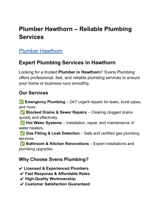 Plumber Hawthorn – Reliable Plumbing Services