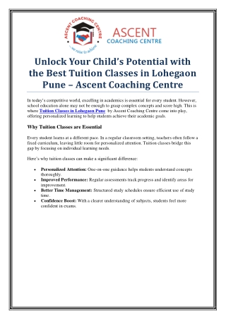 Ascent Coaching Centre – Best Tuition Classes in Lohegaon Pune for All Subjects