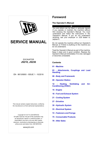 JCB JS210, JS230 Excavator Service Repair Manual Instant Download (From 2453501 To 2453750; From 2453251 To 2453500)