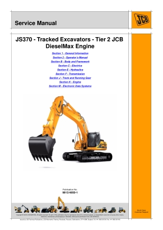 JCB JS370 (Tier 2 JCB DieselMax Engine) Tracked Excavator Service Repair Manual Instant Download