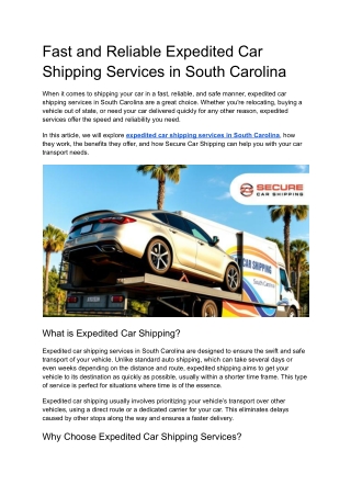 Fast and Reliable Expedited Car Shipping Services in South Carolina