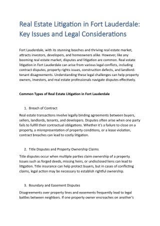Real Estate Litigation in Fort Lauderdale Key Issues and Legal Considerations