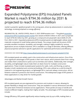 Expanded Polystyrene (EPS) Insulated Panels Market is reach $794.36 million by 2031 & projected to reach $794.36 million