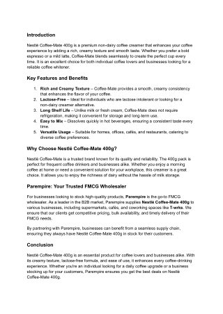 What Makes Nestlé Coffee-Mate 400g a Must-Have for Coffee Lovers?