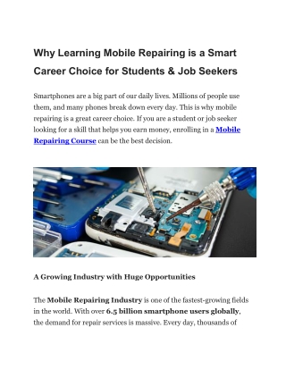 Why Learning Mobile Repairing is a Smart Career Choice for Students & Job Seekers