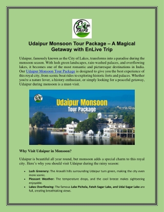 Udaipur Monsoon Tour Package – A Magical Getaway with EnLive Trip