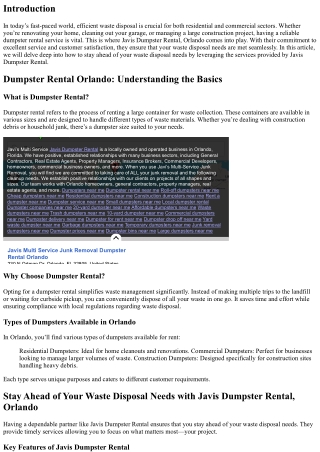 Stay Ahead of Your Waste Disposal Needs with Javis Dumpster Rental, Orlando