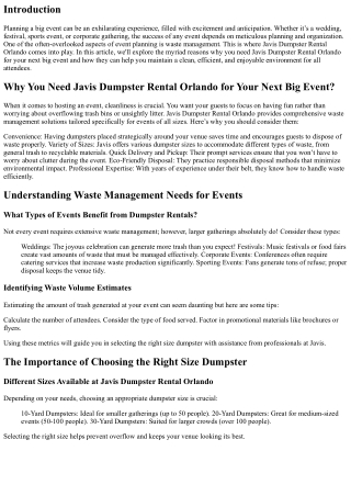 Why You Need Javis Dumpster Rental Orlando for Your Next Big Event