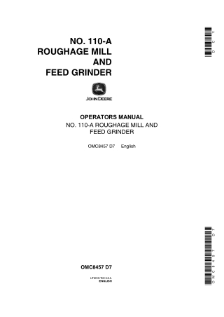John Deere No.110-A Roughage Mill and Feed Grinder Operator’s Manual Instant Download (Publication No.OMC8457)